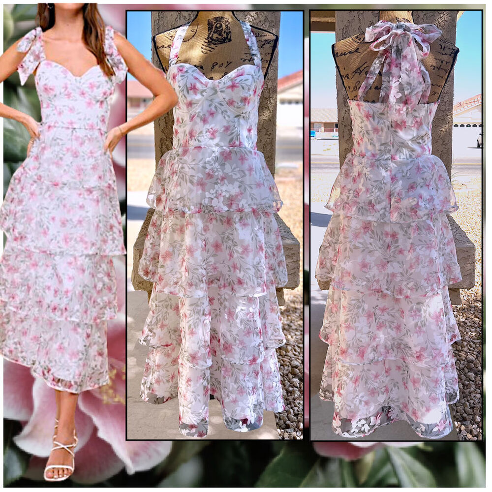 Lulus White Tie-Strap Burnout Floral Midi Dress Size: L